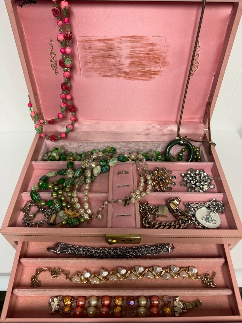 Vintage MCM Mid-Century Jewelry Box Organizer Large Pink w/ Pink Velvet Interior